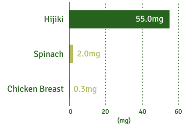Hijiki : 55.0mg / Spinach : 2.0mg / Chicken Breast : 0.3mg